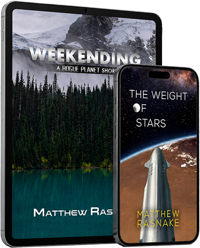 "Weekending" and "The Weight of Stars" digital cover images shown on a tablet and phone device
